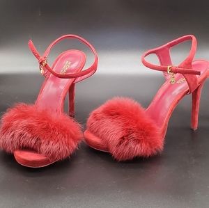 Michael Kors Faye Suede Furry High-Heel Evening Sandals - Beet Red